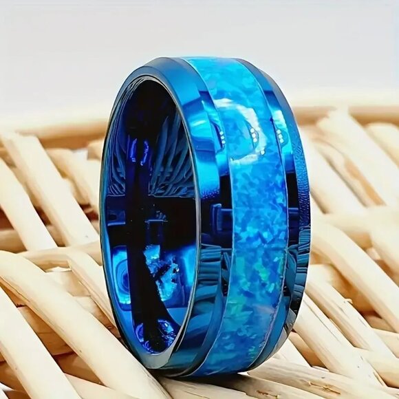 Tungsten Steel Carbide Ring with Center Blue Fire Opal Inlay statement piece - Picture 6 of 7